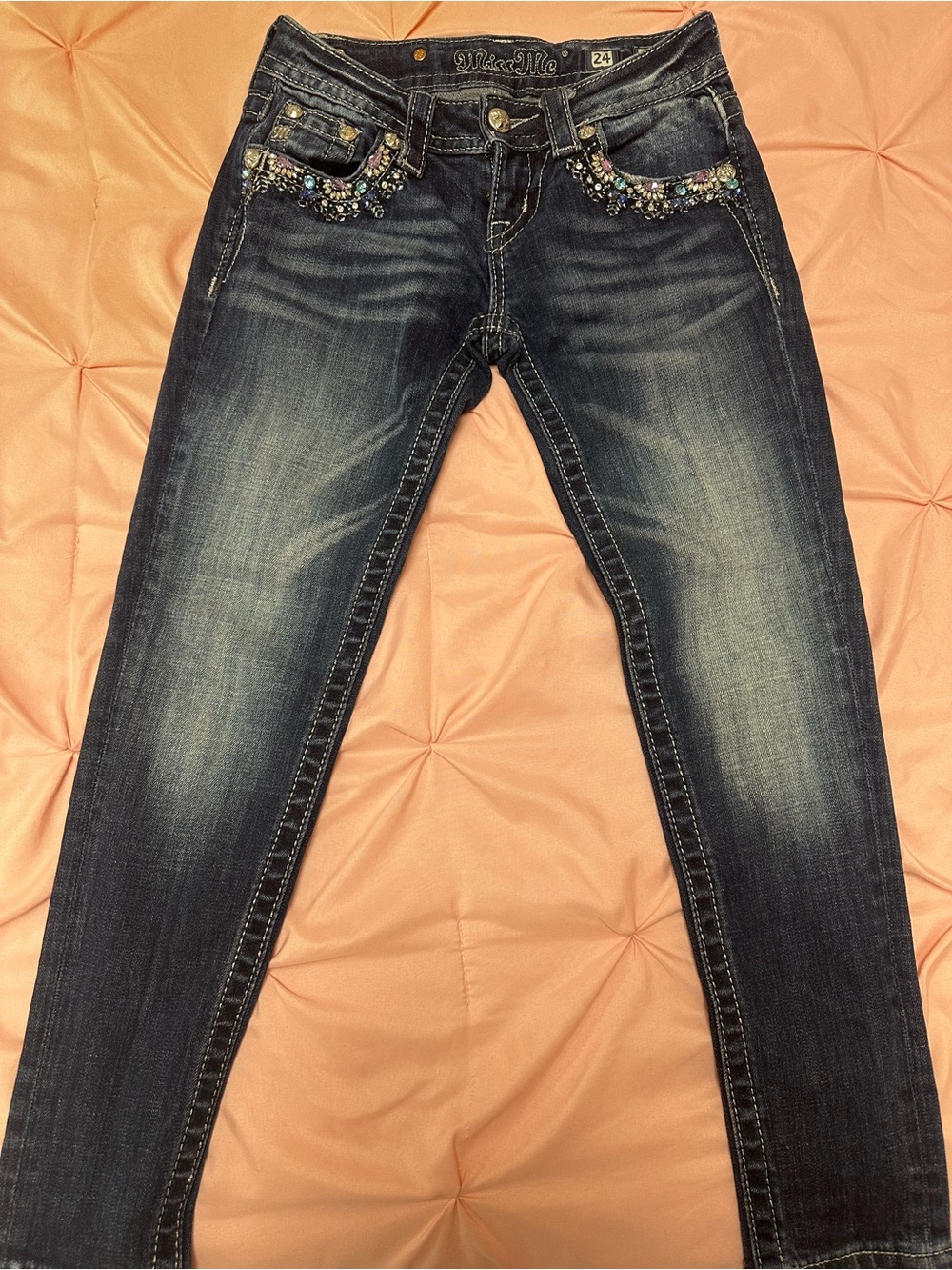 Miss Me Dark Wash Skinny Jeans with Multicolor Gem Embellishments - Picture 6 of 6